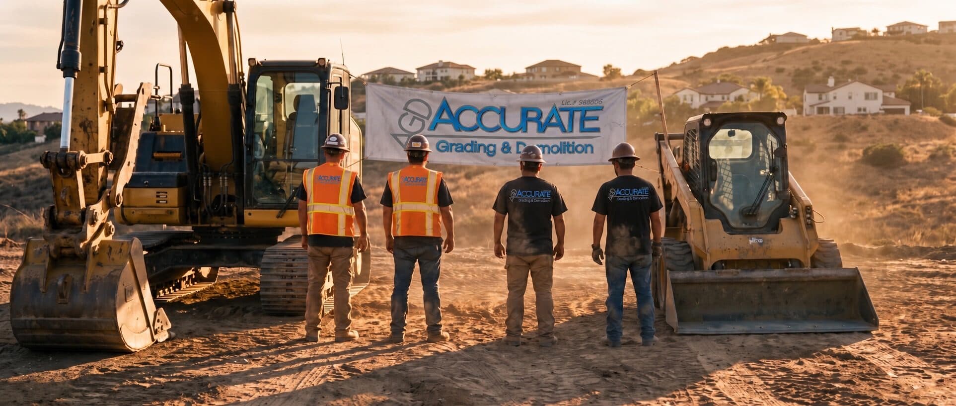Accurate crew on a dirt lot between an excavator and a skid steer, company banner overhead