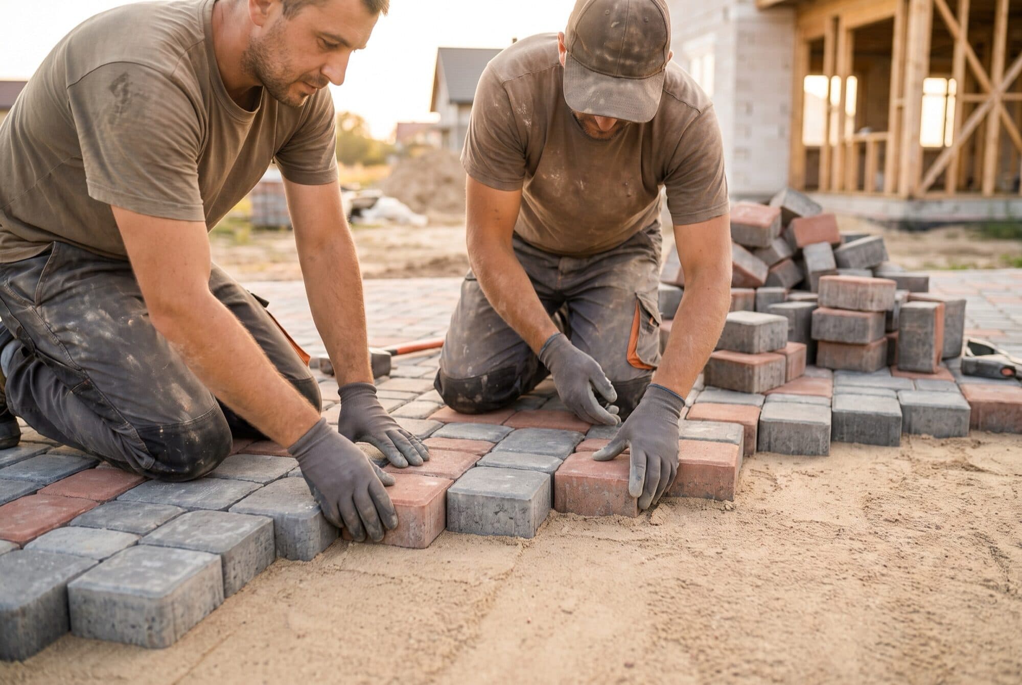 Crew setting stone on a residential job