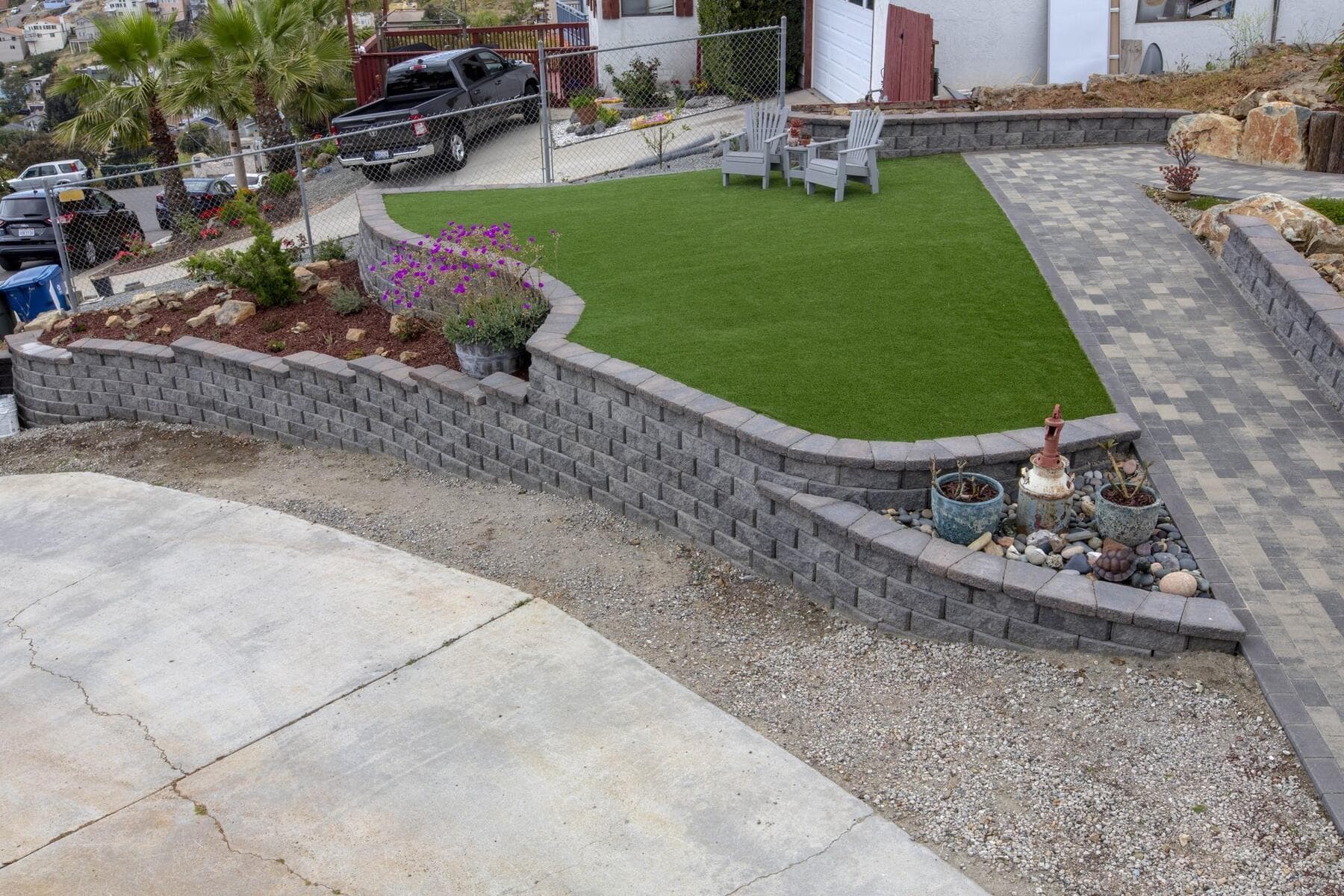 Paver stairs and retaining walls on the lower Dictionary Hill terrace