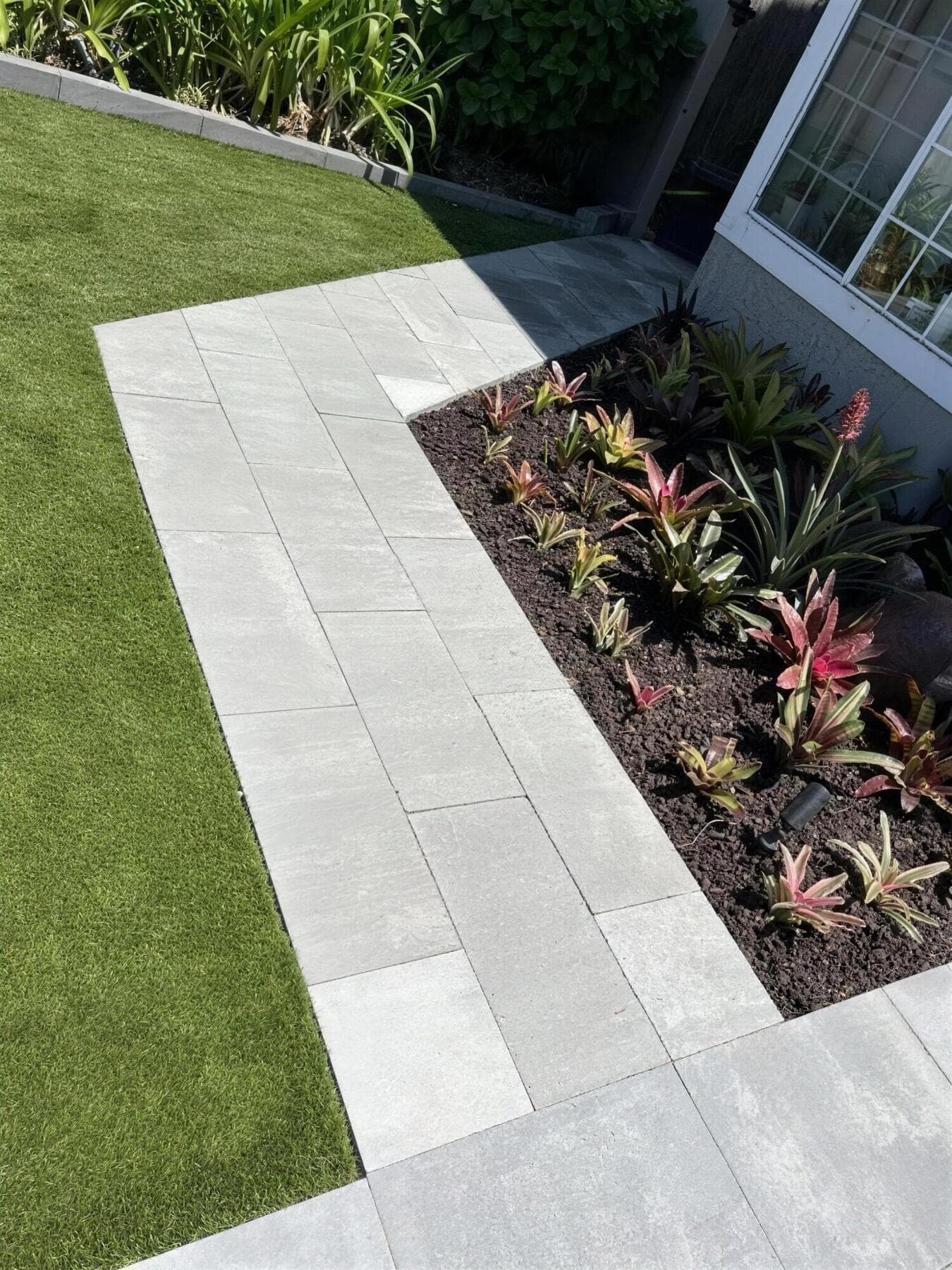 Slab walkway between turf and a bromeliad planting bed