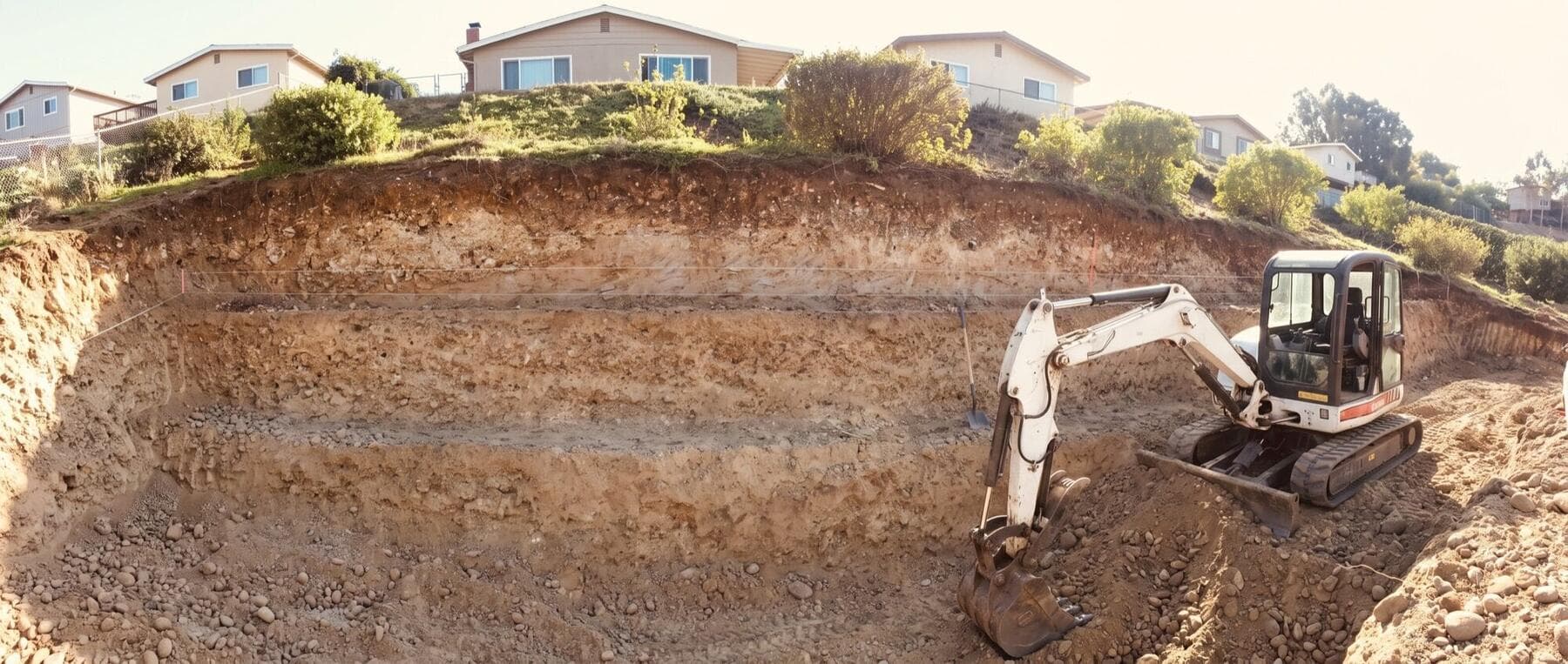 Benched hillside cut with string lines and a mini excavator