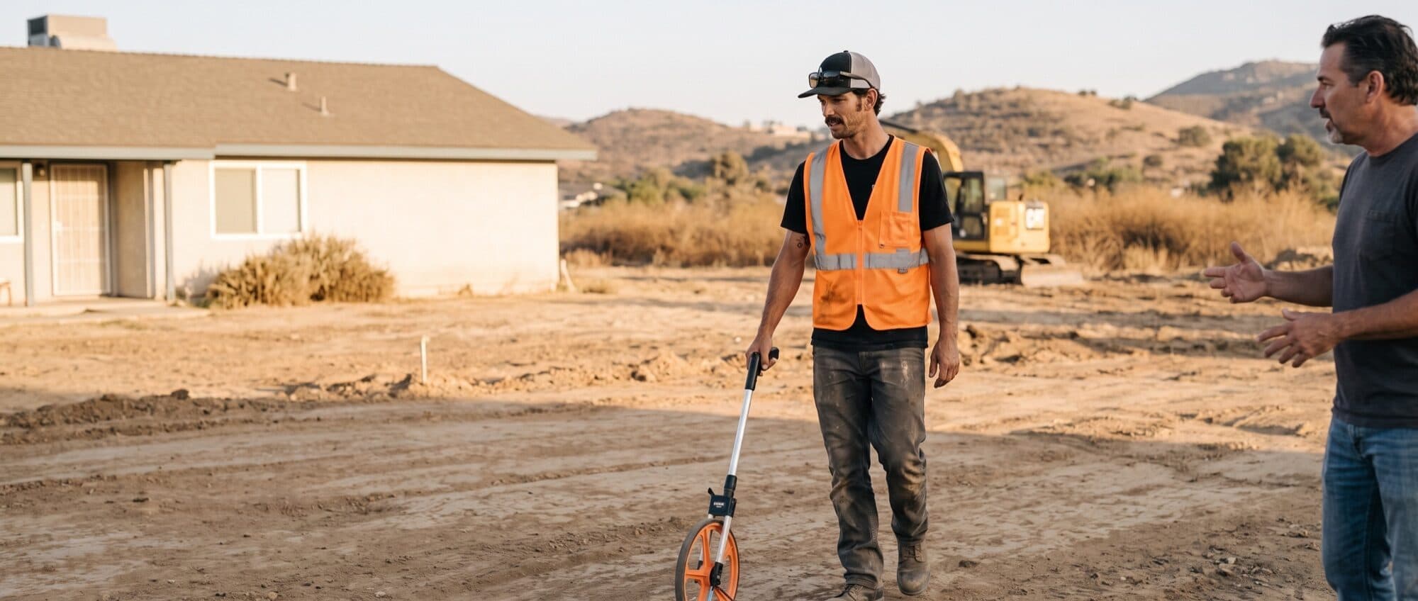 Kameron Askey walking a San Diego lot with a measuring wheel during a site estimate